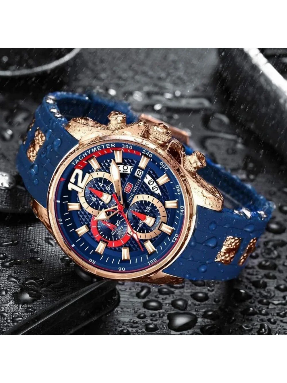 Men's Gold Blue Chronograph Waterproof Sport Military Analog Quartz Wrist Watch